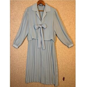 Vtg 60s‎ Starlo Fashions Women's 14 Powder Blue Pleated Midi Dress Bow Neck